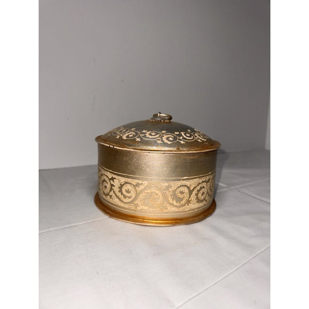 Vintage Gold & Silver Tin Round Storage Box With Lid Decorative Floral Scroll De - Picture 3 of 10
